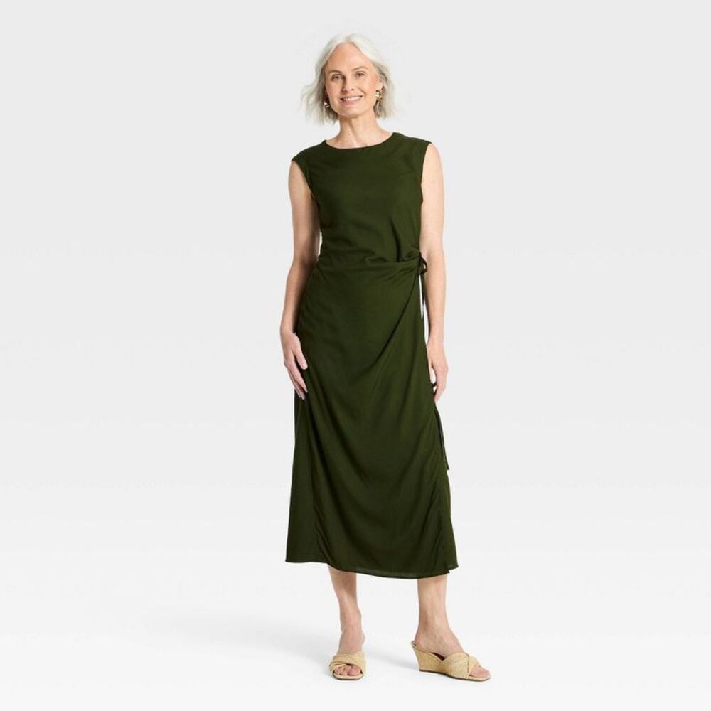 Women's Side-Tie Wrap Midi Dress - A New Day Olive Green XS